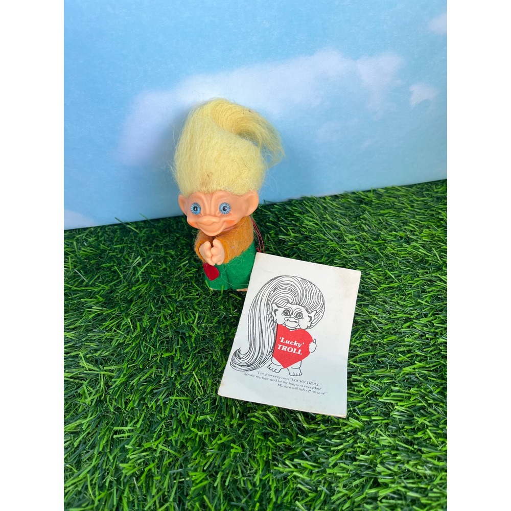 Vintage Lucky Troll Doll Yellow Hair Blue Eyes Mini Toy with Tag